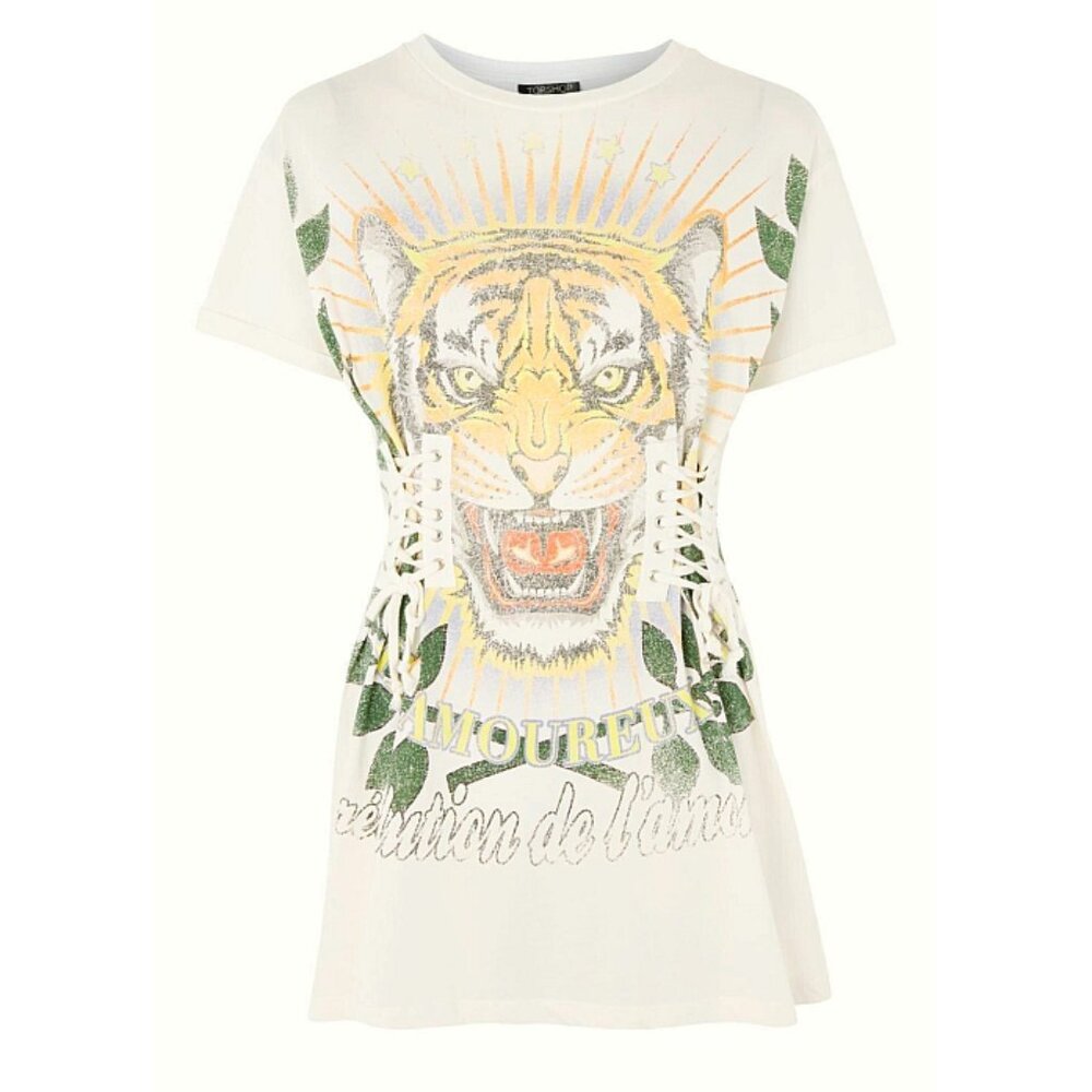 Topshop Tiger Corset Longline Tunic Tee Cream Lace-Up Edgy Cat Animal Long Top 0